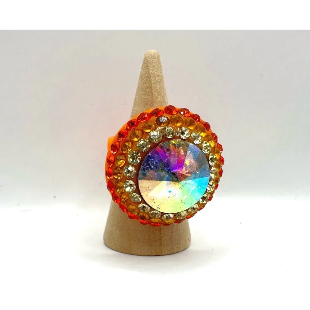 Bright Orange Round Rhinestone Stretch Ring